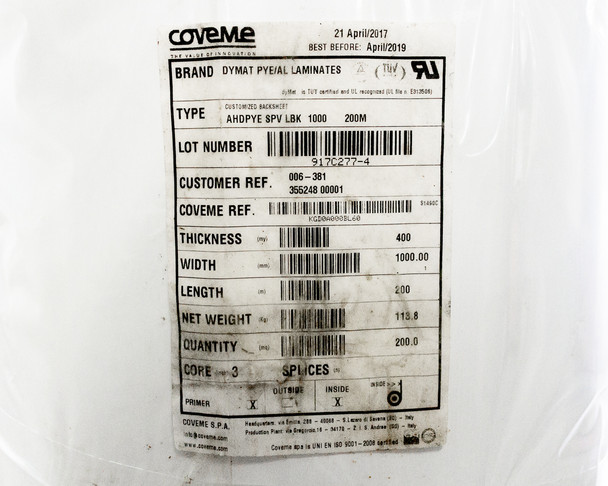 CoveMe AHDPYE-SPV-LBK product label showing Dymat PYE/AL Laminates brand, type AHDPYE SPV 1000 200M, lot number 9170277-4, thickness 400µm, width 1000mm, length 200M, production date 21 April 2017, best before April 2019, TUV and UL markings