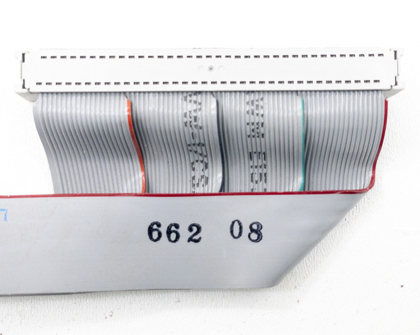 IBM 64F1409 ESDI cable – close-up of connector end showing stamped number 662 08, orange and teal wire markers