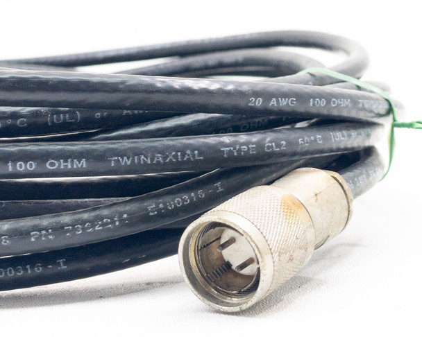 IBM 7362211 E100316-I Twinax cable male connector end with jacket printing showing 100 OHM TWINAXIAL TYPE CL2 and part numbers