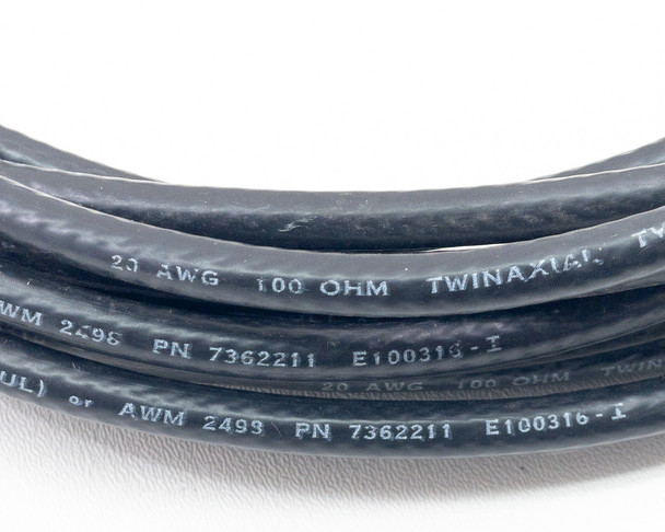 IBM 7362211 E100316-I Twinaxial cable jacket detail showing 20 AWG 100 OHM TWINAXIAL AWM 2498 PN 7362211 E100316-I repeat markings