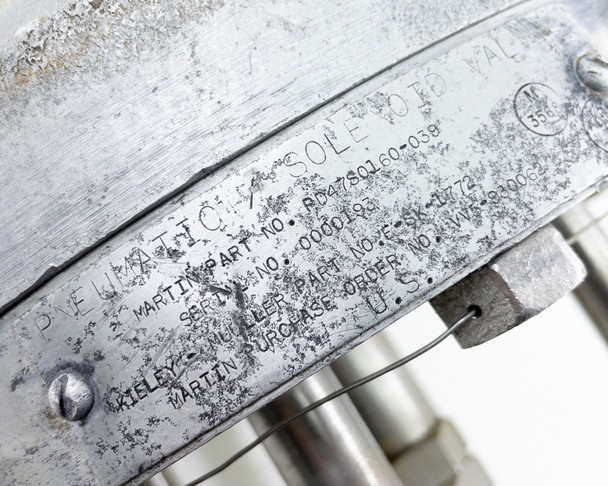 Kiely Mueller PD47S0160-039 nameplate detail – stamped label reading Pneumatic Solenoid Valve, Martin Part No. PD47S0160-039, Kiely Mueller Part No. E-SK-1772