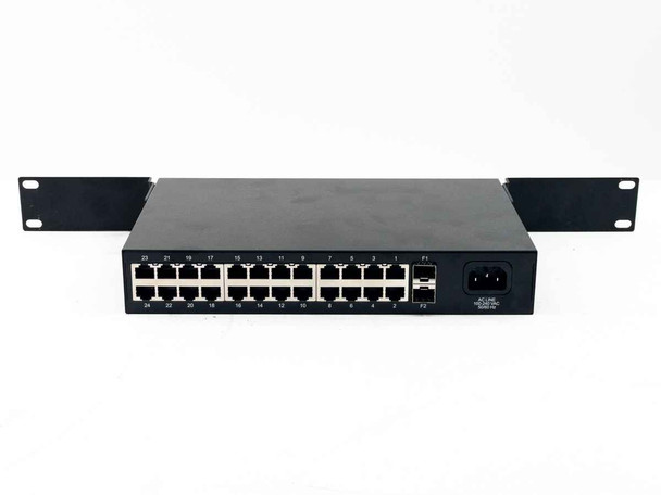 Pakedge S26e rear panel view showing 24 RJ-45 Gigabit Ethernet ports, 1 SFP port, IEC power inlet, and rack ears