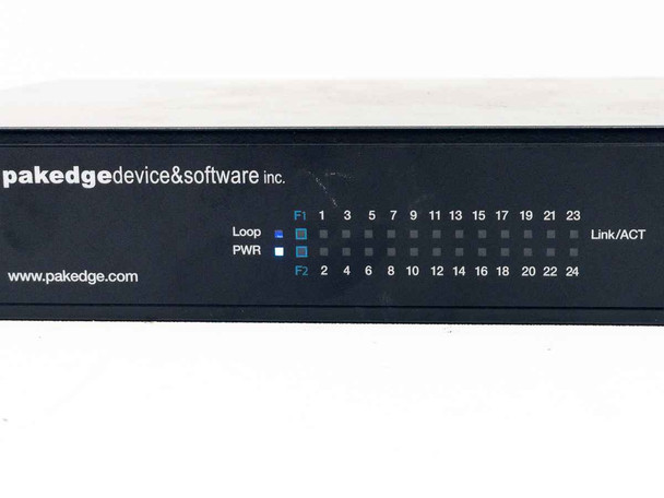 Pakedge S26e front panel close-up showing all 24 numbered port LED indicators in two rows plus F1 and F2 SFP port indicators and Link/ACT label