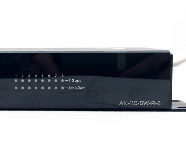 Araknis AN-110-SW-R-8 – close-up of upper-left front corner showing Araknis Networks logo and OvrC Enabled badge with blue LED bar