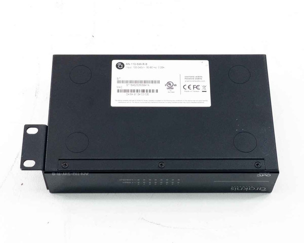 Araknis AN-110-SW-R-8 – bottom label view showing model number, power rating 100-240V 50/60Hz 0.28A, UL, CE, FCC certifications, and barcode