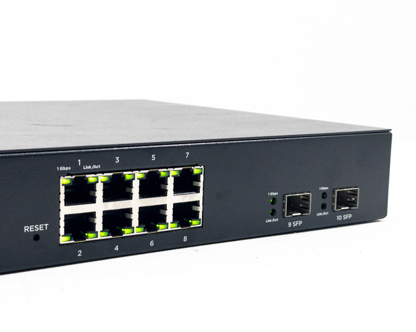 Araknis AN-210-SW-R-8-POE rear panel overview showing IEC power inlet, 8x RJ-45 ports, reset button, and 2x SFP uplink ports