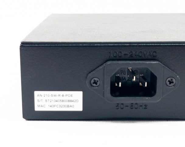Araknis AN-210-SW-R-8-POE rear panel close-up of 8x RJ-45 gigabit ports with green port indicator LEDs and reset button