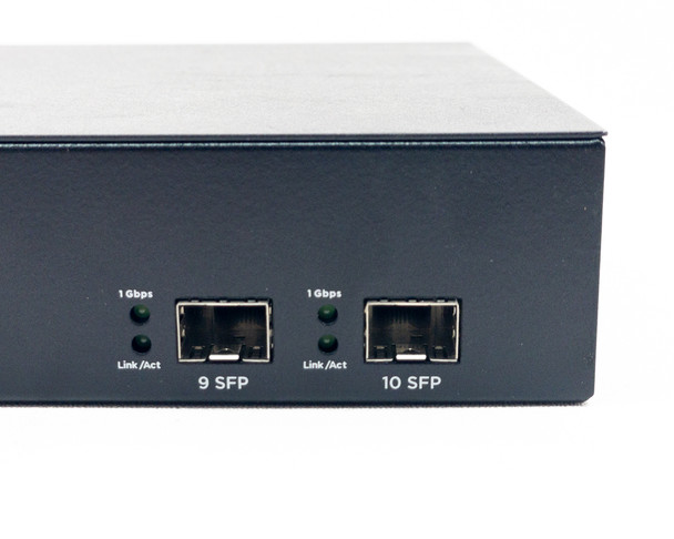 Araknis AN-210-SW-R-8-POE rear panel detail of dual SFP uplink ports (9 SFP and 10 SFP) with 1 Gbps Link/Act indicators