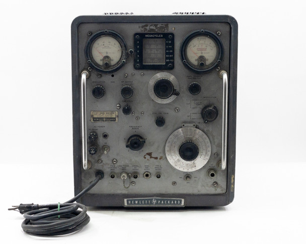 HP 608F VHF Signal Generator – close-up of upper front panel showing megacycles band display (10-455 MHz), modulation meter, RF output meter, and control knobs