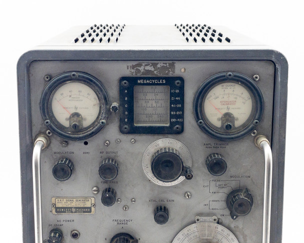 HP 608F VHF Signal Generator – close-up of percent modulation analog meter and megacycles band selector scale