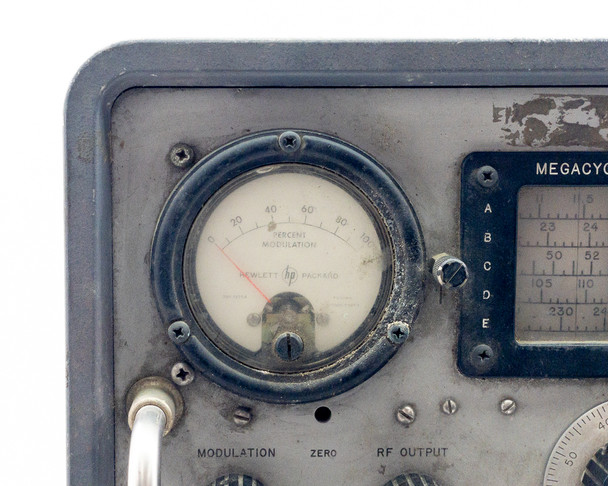 HP 608F VHF Signal Generator – close-up of lower-left panel showing VHF Signal Generator nameplate, AC Power section, DC 0.25A fuse, On switch, Frequency Range selector, and output connectors
