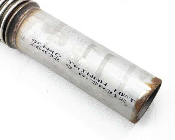 KF40 bellows vacuum hose – close-up of one hose end showing stamped markings: SCH40 TAIWAN NPT, 25432, S6-SR312