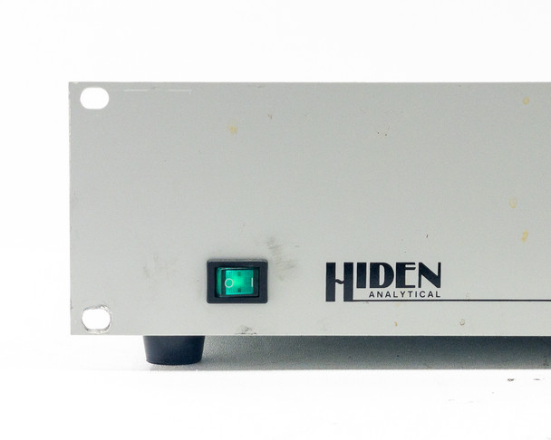 Hiden Analytical HAL RC ESP – close-up of front panel left side showing green rocker power switch and Hiden Analytical logo with visible wear and surface marks on panel