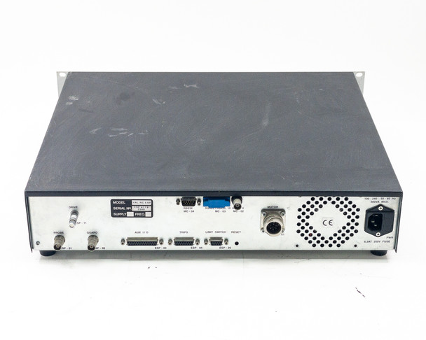 Hiden Analytical HAL RC ESP – rear panel view showing BNC Probe (ESP-01), Guard (ESP-02), Drive (ESP-11) connectors, DB9 RS-232 (MC-04), DB15 RS-485 (MC-03), DB15 (MC-02), DB25 AUX I/O (ESP-03), DB15 Trips (ESP-04), DB15 Limit Switch (ESP-05), Reset button, multi-pin Motor connector, IEC power inlet with 6.3AT 250V fuse, ventilation grille, CE mark, model label reading HAL RC ESP, and power rating label 100-240V 50-60Hz 300VA Max