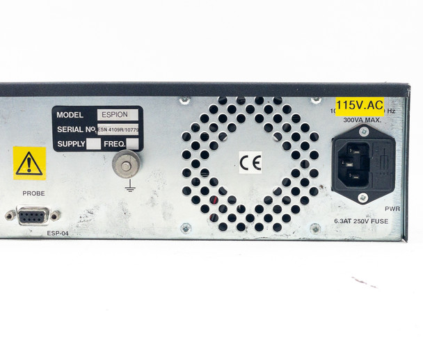 Hiden ESPION rear panel power section – 115V AC label, 300VA MAX rating, CE mark, 6.3AT 250V fuse, IEC power inlet