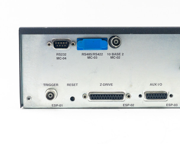Hiden ESPION rear panel left section – RS232 MC-04, RS485/RS422 MC-03, 10 Base 2 MC-02 connectors, Trigger ESP-01, Z-Drive ESP-02, AUX I/O ESP-03