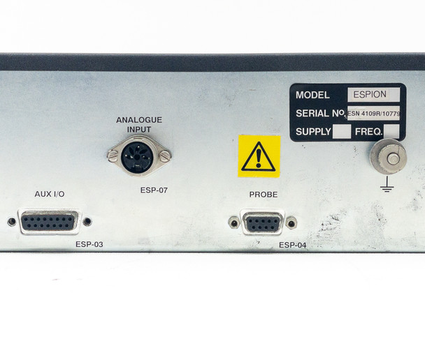 Hiden ESPION rear panel right section – AUX I/O ESP-03, Analogue Input ESP-07 DIN connector, Probe ESP-04, model/serial label, ground stud