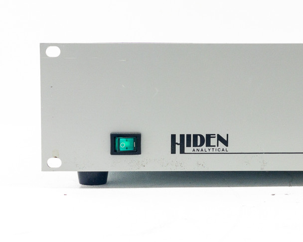 Hiden Analytical LMC Linear Motion Driver – close-up of front panel green power switch and Hiden Analytical logo