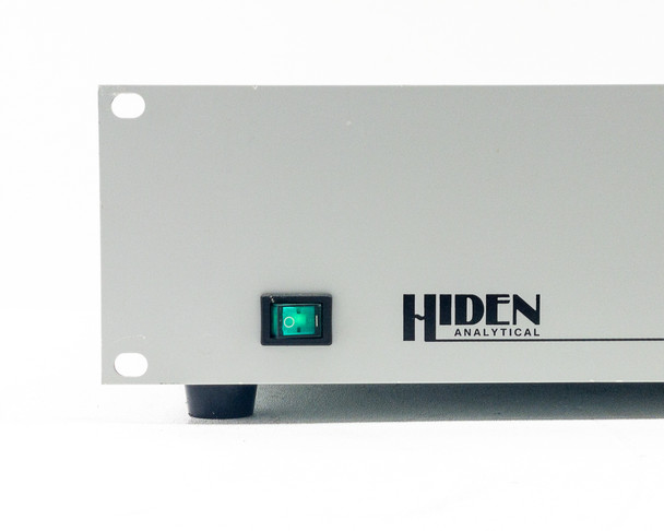 Hiden Analytical EPIU front panel left side close-up showing green illuminated power switch and Hiden Analytical logo