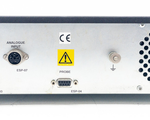 Hiden EPIU ESPion rear panel right section showing Analogue Input ESP-07, CE mark, Probe port ESP-04, and ground terminal