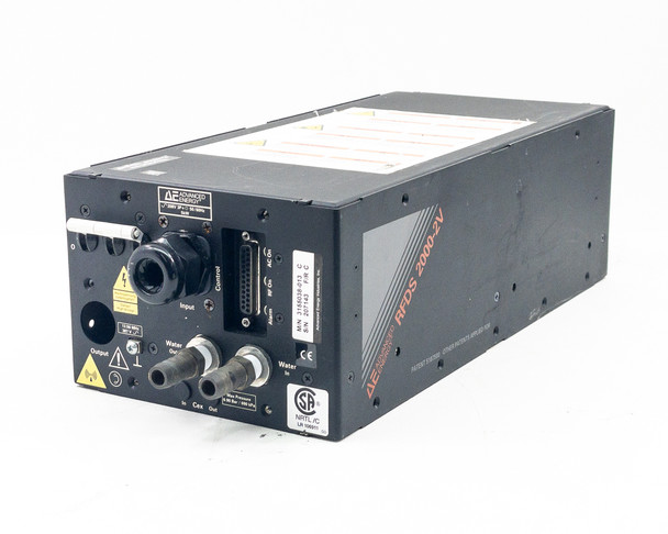Advanced Energy RFDS 2000-2V left side view showing enclosure panels and small asset label sticker