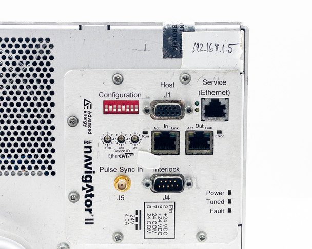 Advanced Energy Navigator II 3155999-175 – close-up of rear I/O panel showing Configuration DIP switch, Host J1, EtherCAT Act/In/Link ports, Service Ethernet Out/Link/Error, Power/Tuned/Fault LEDs