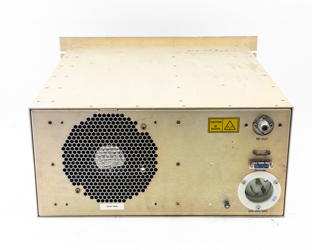 RFVII RF-20-XXVII rear panel view showing large cooling fan, RF OUT coaxial connector, DB9 remote port, and 200-240VAC twist-lock power inlet