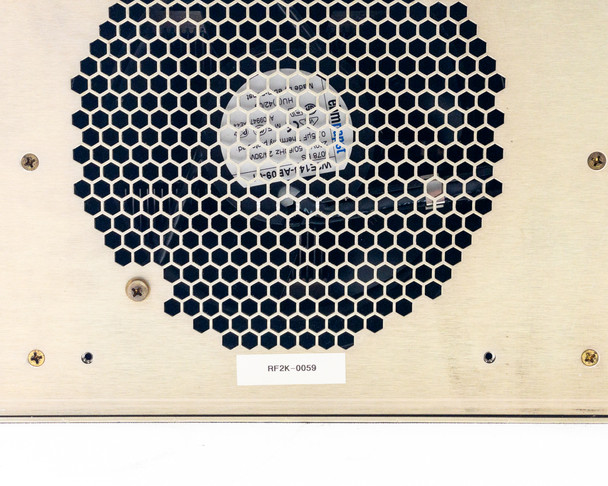 RFVII RF-20-XXVII rear panel cooling fan closeup with serial number label visible on fan housing