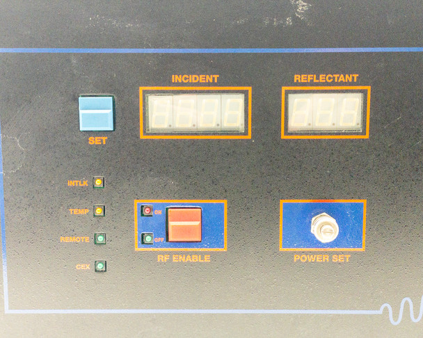 RFVII RF-20-XXVII front panel detail showing SET button, INCIDENT and REFLECTANT LED displays, INTLK TEMP REMOTE CEX status LEDs, and RF ENABLE toggle switch