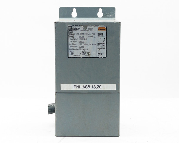 Jefferson Electric 416-1141-000 Buck Boost Transformer — angled front view showing nameplate label with VA, voltage, and phase ratings