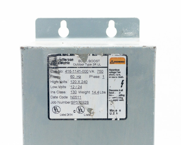 Jefferson Electric 416-1141-000 Buck Boost Transformer — close-up of nameplate showing Cat No, 750 VA, 120x240 high volts, 12/24 low volts, 60 Hz, Type 3R UL, Ins Class 130
