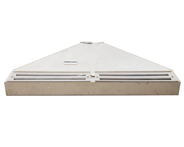 Stainless steel fume hood – top-down view showing triangular canopy profile and single slotted duct along bottom edge