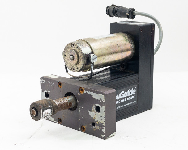 AccuWeb AccuGuide MME-1 7303-01 electronic web guide with MTR 3091 actuator — angled front-left view showing motor, guide body, and circular connector with cable