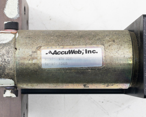 AccuWeb Inc. model label on motor actuator showing Model MTR 3091 and serial number