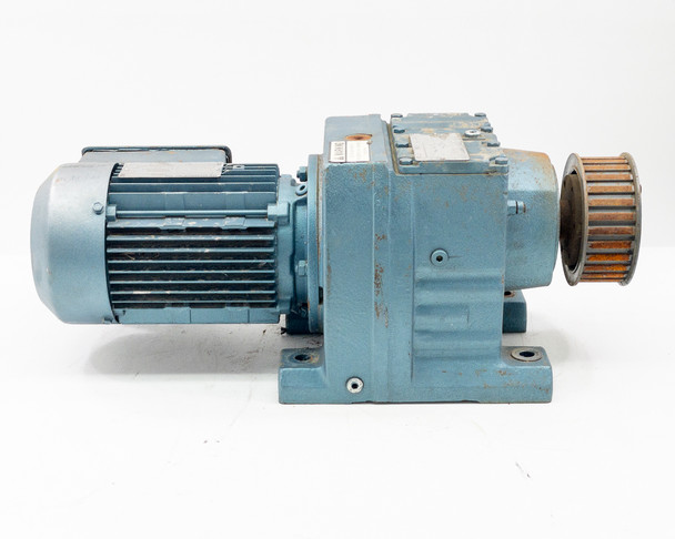 SEW-EURODRIVE R67DT80K4TN gear motor left-side full view showing output flange with toothed belt pulley