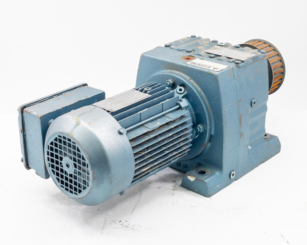 SEW-EURODRIVE R67DT80K4TN gear motor rear-left 3/4 view showing motor cooling fan guard and housing