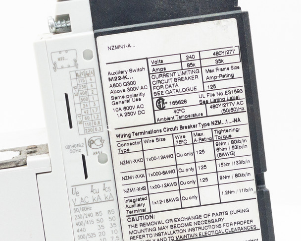Moeller NZMN1-A breaker label close-up showing voltage ratings 240V/480Y/277V, 85KA/35KA, UL E31593