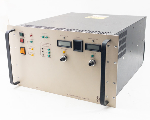 Glassman PS/PK003R1.3 High Voltage Power Supply – front panel left-angle view showing power switch, indicator lights, and meters