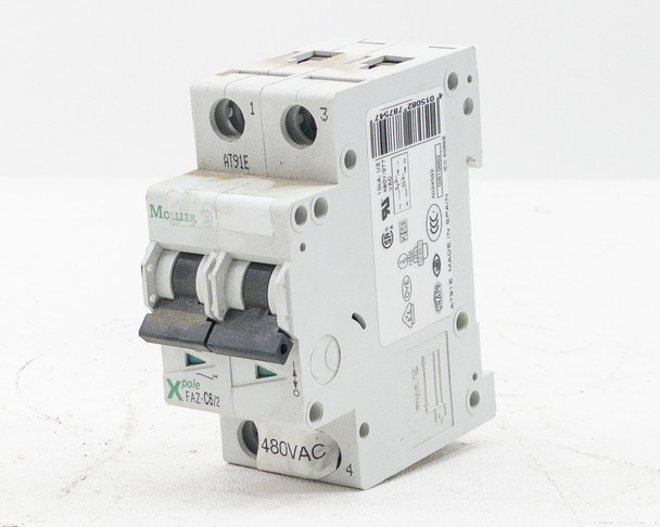 Moeller FAZ-C6/2 2-pole DIN rail circuit breaker – front left angle view showing Xpole branding and 480VAC label
