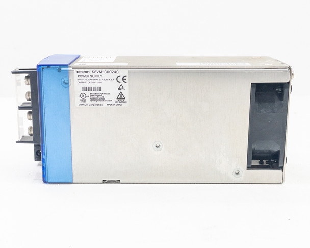 Omron S8VM-30024C power supply — opposite side view showing full label with specs and UL certification, output terminal block visible