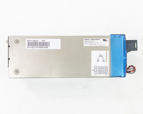 Omron S8VM-30024C — bottom view showing barcode label and wiring diagram sticker on metal chassis