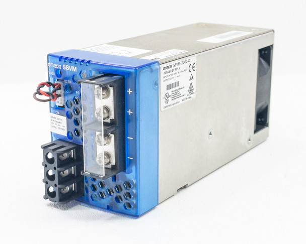Omron S8VM-30024C industrial switching power supply — angled front-left view showing blue housing, output terminals, and CN connector