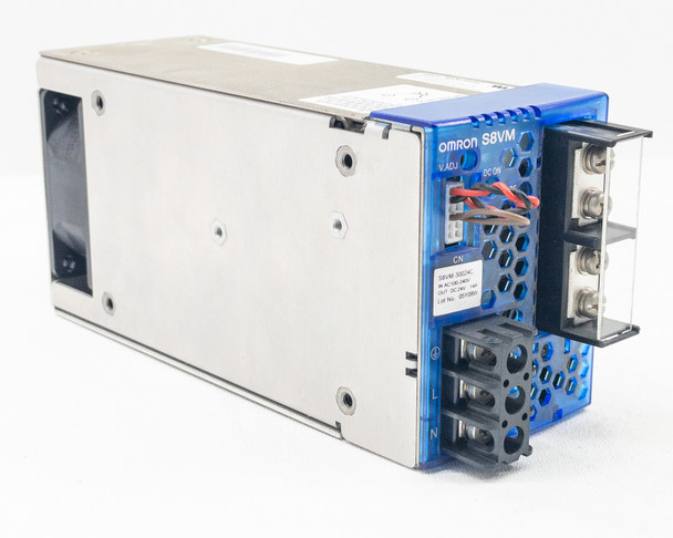 Omron S8VM-30024C — angled rear view showing fan end, output terminals, blue side panel, and CN connector with attached wiring leads