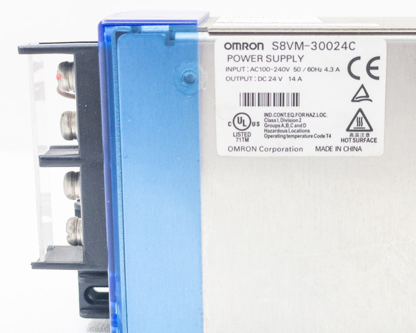 Omron S8VM-30024C label closeup — input AC100-240V 50/60Hz 4.3A, output DC 24V 14A, UL and CE markings, Made in China