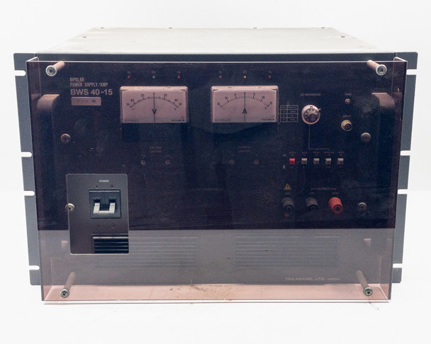 Takasago BWS 40-15 Bipolar Power Supply front panel straight-on view showing dual analog meters and controls