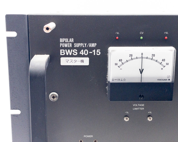 Close-up of Takasago BWS 40-15 front panel label reading Bipolar Power Supply/Amp with voltage meter and CV indicator LEDs