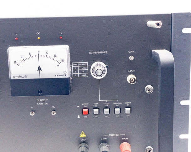 Close-up of Takasago BWS 40-15 right-side front panel showing current meter, DC Reference dial, Gain and Input connectors, and mode switches