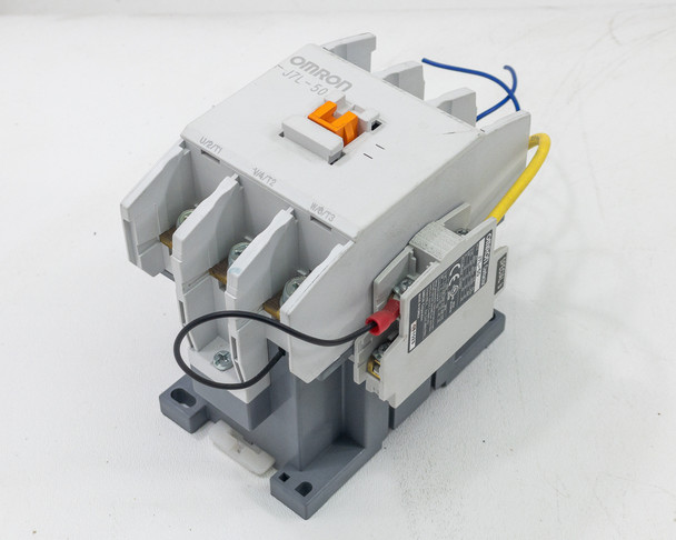 Omron J7L-50 IEC industrial contactor – three-quarter front-left view showing body and wiring leads