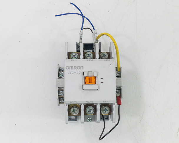 Omron J7L-50 contactor label showing model number and specifications