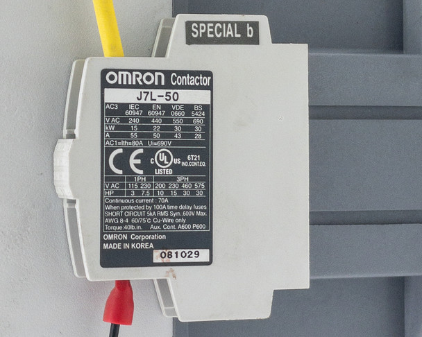 Omron J7L-50 contactor rear terminal connections and auxiliary contact block